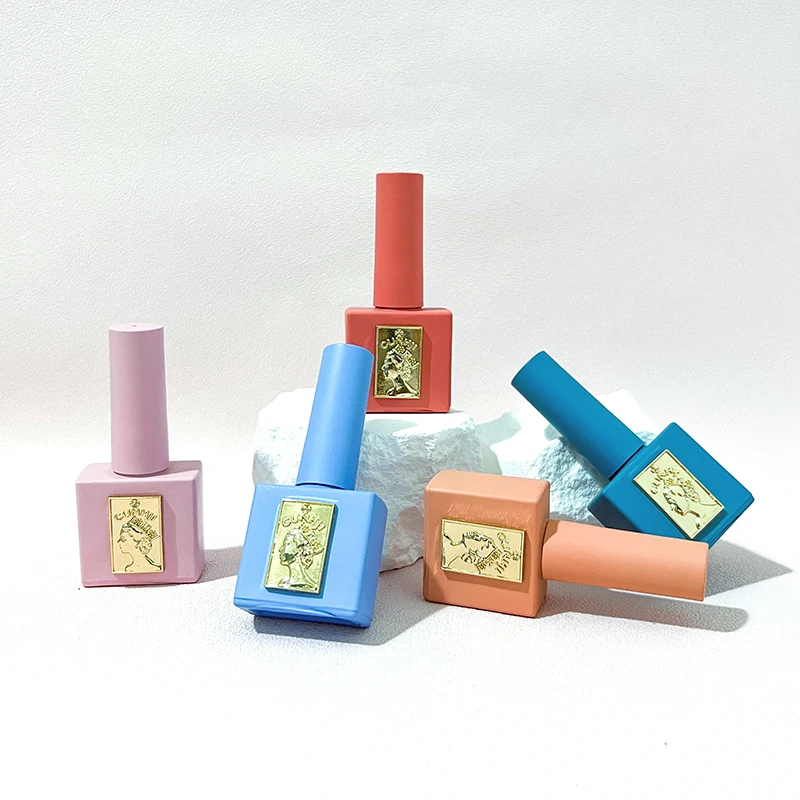 10ml 12ml  15ml  20ml matt blue  red pink square bulk led gel empty nail polish bottle with metal logo brush and lid