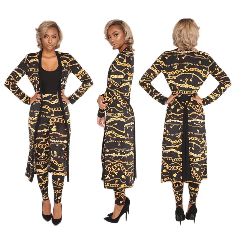
xizi Fashion long sleeves two piece pants set women casual cloak with pencil pant lady golden printed clothes 2019 
