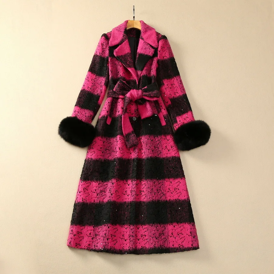 Shiny Sequin Trim Slim Fit Warm Coat Fox Fur Luxury Lining Formal Mid Length Woolen Woven Long Standard Polyester Cuff Women