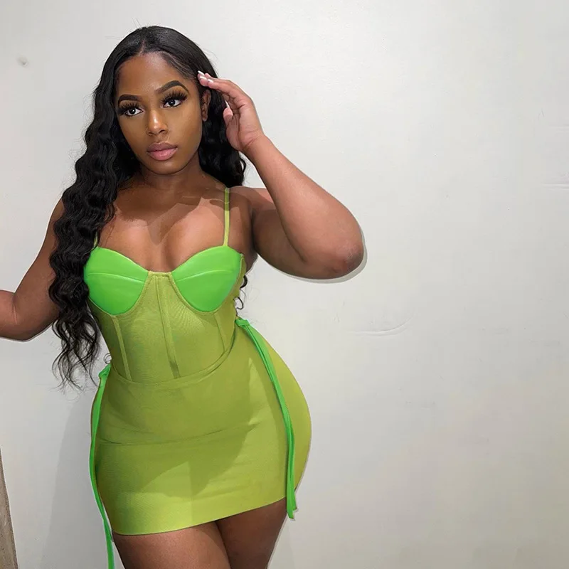 Summer new patchwork sleeveless corset one piece bodysuit mini bandage skirt sexy two piece set for women