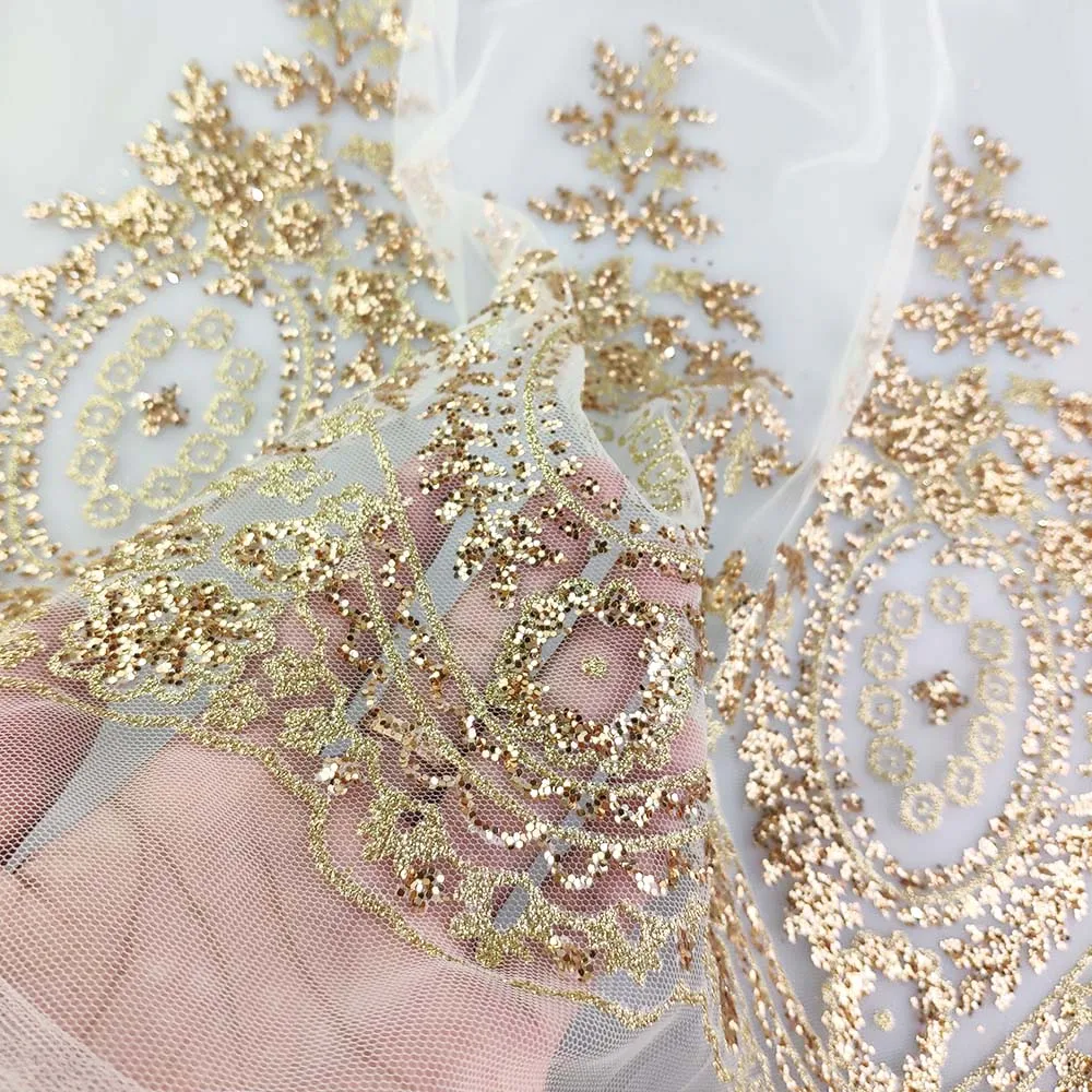 In stock gold glitter printing blingbling glitter nylon mesh fabric for wedding party  dress