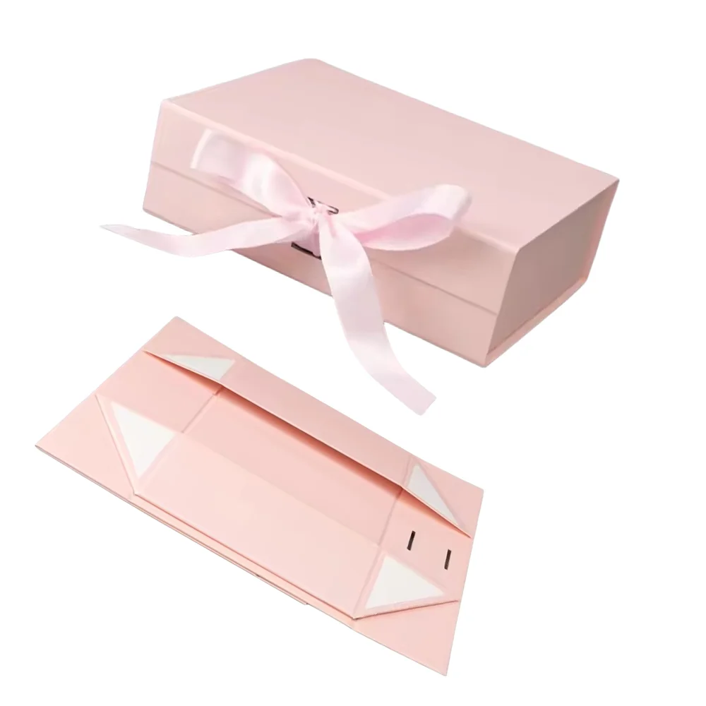 Custom Logo Ribbon Handle Luxury Foldable Magnetic Gift Box Packaging Black Rigid Cardboard Paper Gift Box with Magnet Lid