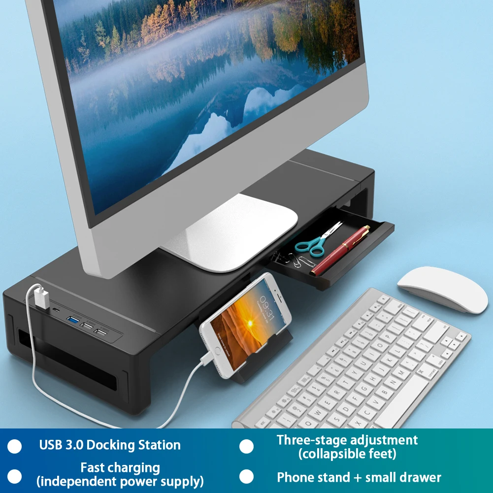 New Monitor Stand USB-C Hub with drawer Mobilephone Holder 5 in 1 Foldable Laptop Stand USB3.0/2.0 Type-c charging Data transfer