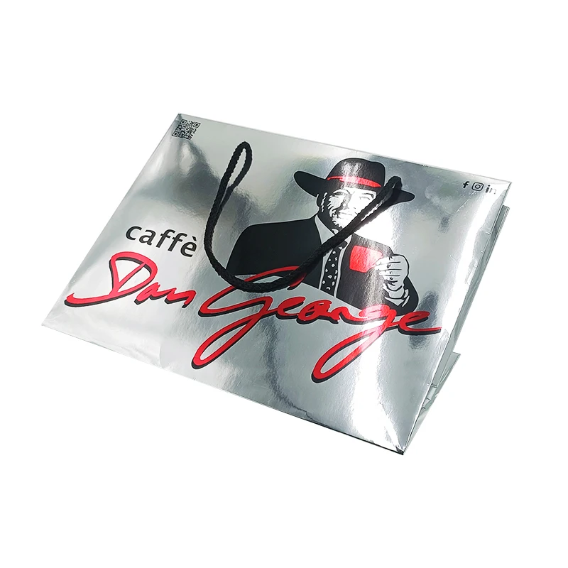 Recyclable luxury sliver shoes clothes packaging paper bags printed custom logo clothing shopping gift coffee wine paper bag