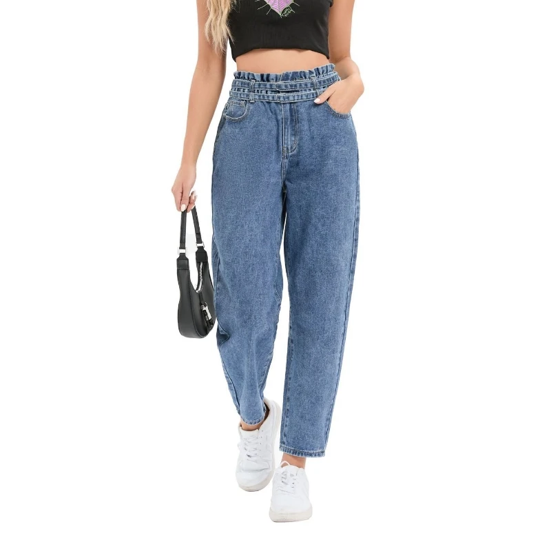 2022 fashion casual trend ruffled elastic band trousers loose cropped harem jeans for women