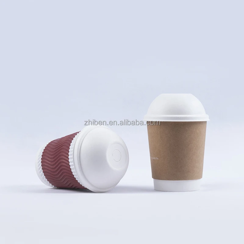 Dsechable bagasse coffee paper cup with biodegradable lids y dome