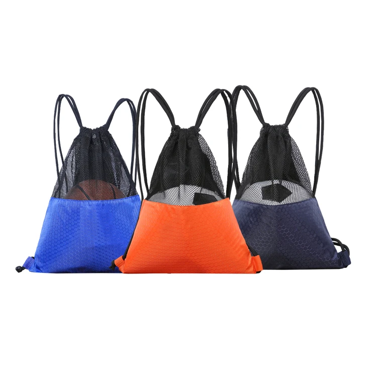 
Good Quality Custom Logo Gym Sports Football Basketball Polyester Backpack Mesh Net Drawstring Bag Backpack 