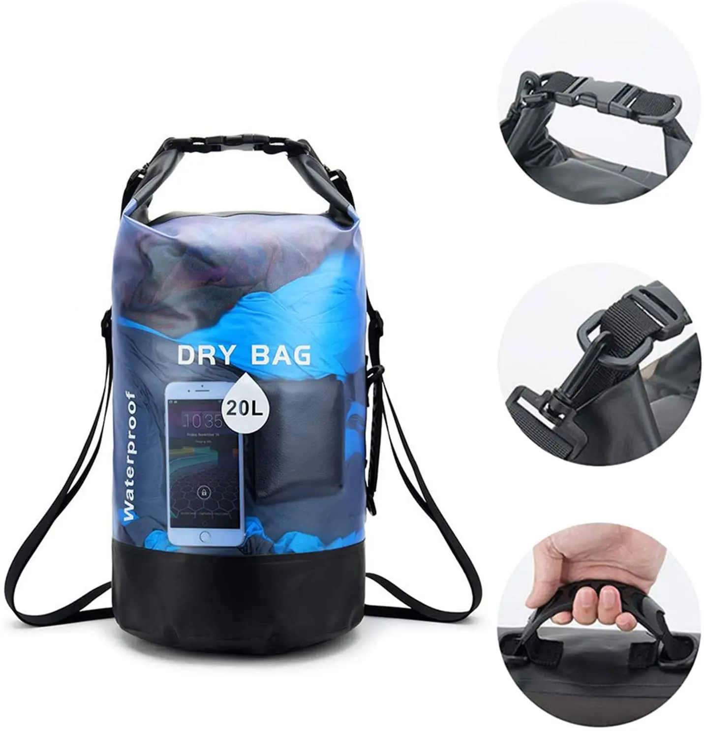 transparent Waterproof Dry Bag for Women Men, 5L/10L/20L/30L/40L Roll Top Lightweight Dry Storage Bag Backpack with Phone Case