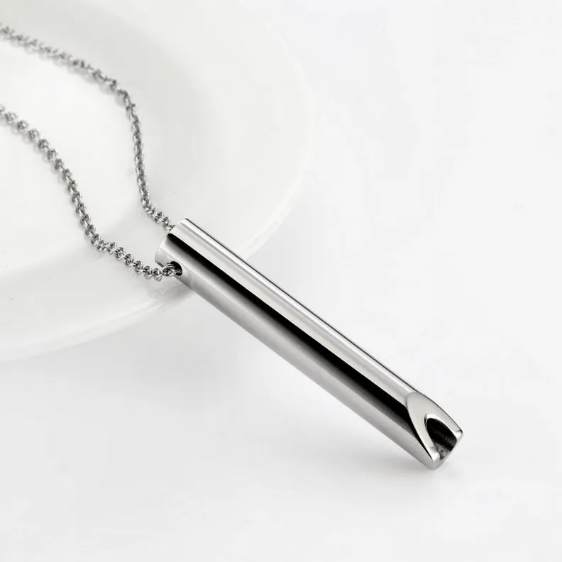 Hot selling stainless steel whistle pendant with engraved words to relieve anxiety. Stainless steel pendant necklace