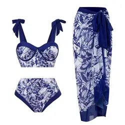 Bowknot Tie-shoulder Bathing Suits Micro Monokini Summer Beachwear Vintage Print Swimwear One Piece Swimsuit With Matching Skirt
