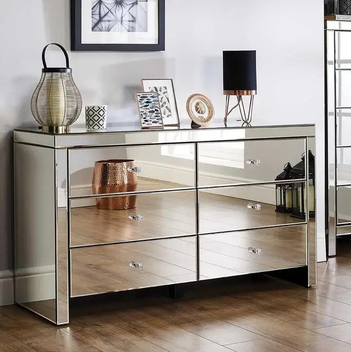OAK Large Storage Capacity Mirror 6 Chest of Drawers Mirrored Silver Hallway Cabinet Glass Cabinet Bedroom Home Furniture