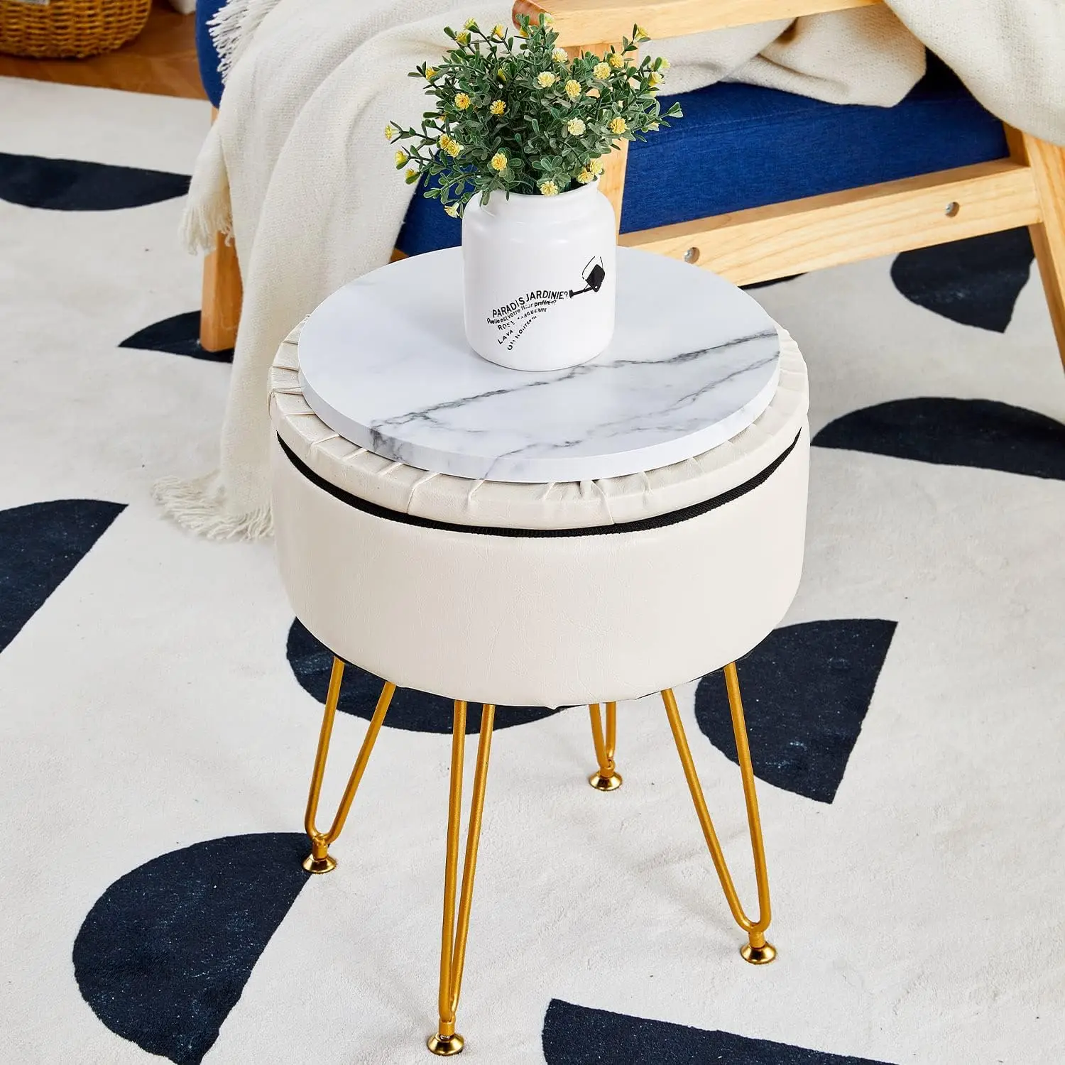 Beige Faux Leather Storage Ottoman Round Footrest Stool Multifunctional Upholstered Ottoman with Metal Legs Modern Vanity Stools