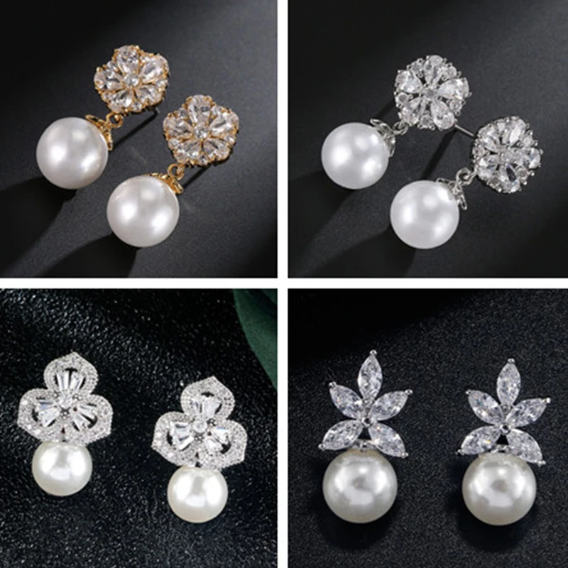 Square Austrian Cubic Zirconia Stud Earrings for Women Fashion Imitation Pearl Snow Flower Bridal Girl
