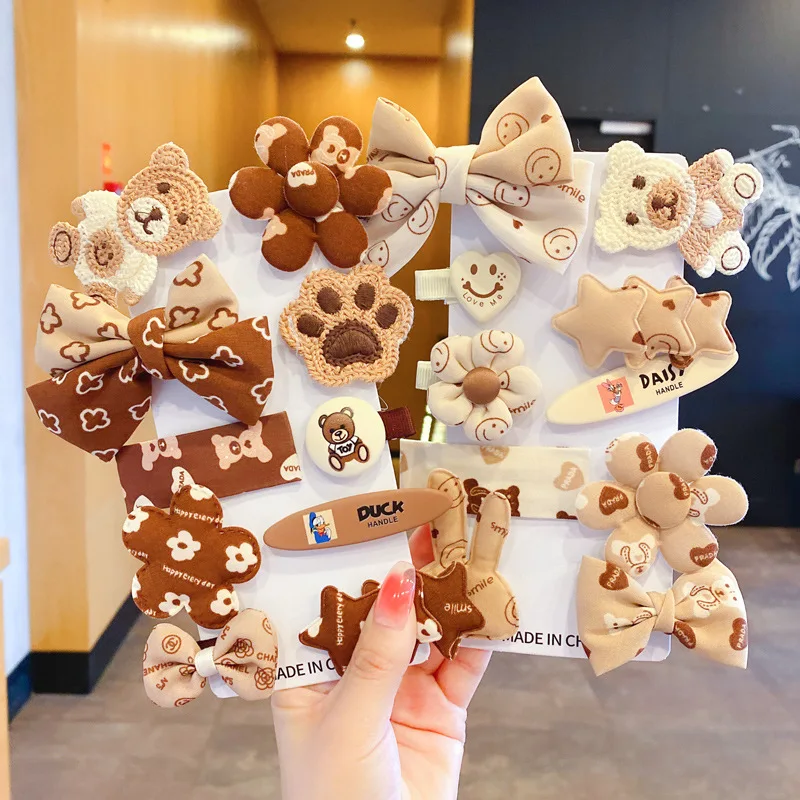 1PSET Cartoon Brown Bear Girls Hair Accessories Set Children Kid Sweet Barrettes Fashion Headbands Hair Clips For Baby Headdress