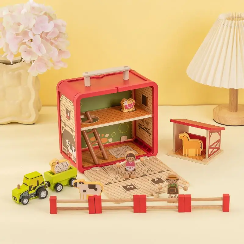 UDEAS Preschool Toy Miniature Doll House Wooden Farm Barn House Early Learning Educational Toys