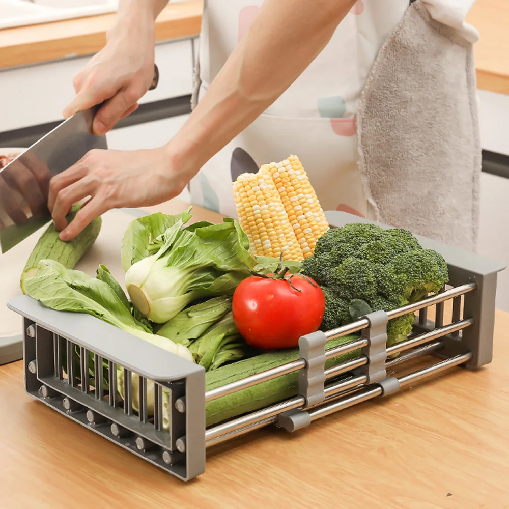 Multifunctional practical drain basket fruit and vegetable retractable kitchen stainless steel sink drain basket
