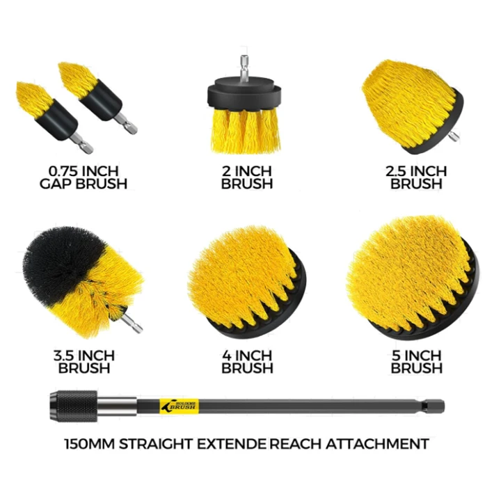 Yellow Car Nylon Drill Clean Brush Set Car Wash Brush Set Electric Cleaning Kit for Polishing