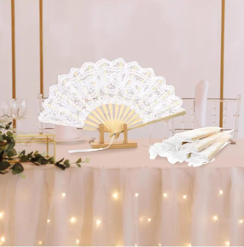 Folding Hand  Lace Fan Elegant Cotton Fan Handmade Fan with Bamboo Staves Silk Tassels for Wedding Bridal Shower Dancing Party