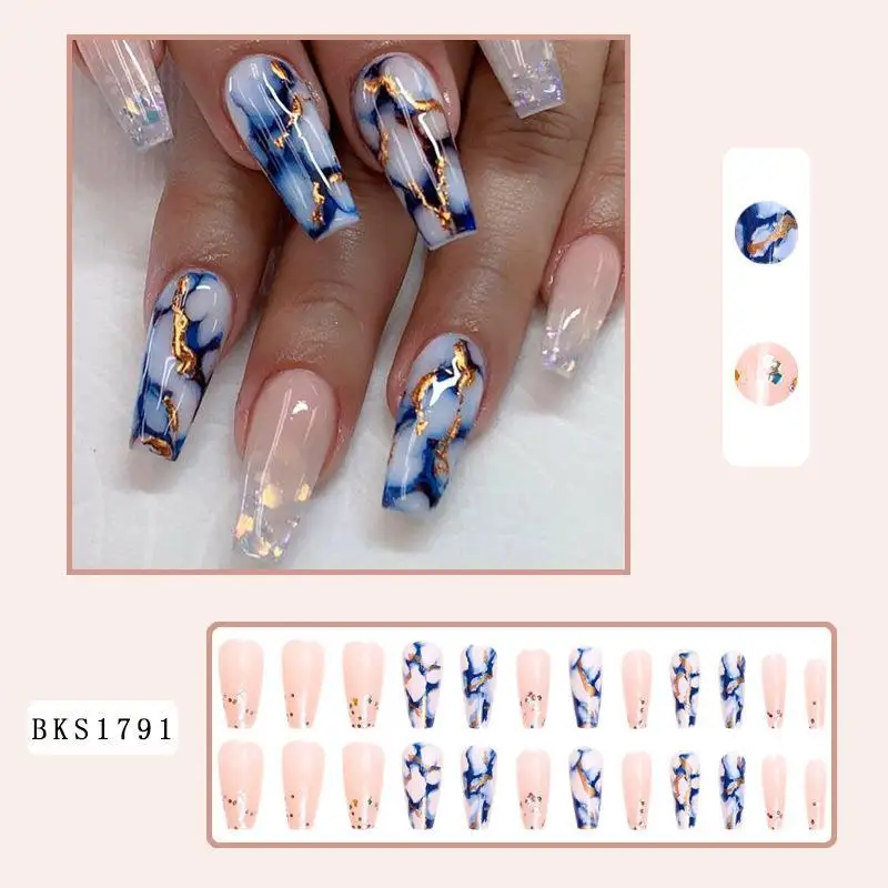Wholesale Custom OEM/ODM Blue Marble French Press On Nails Medium Short Designs Artificial Fingernails