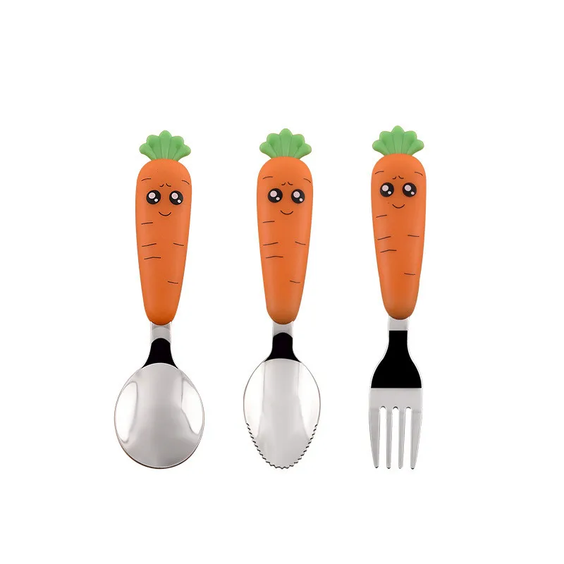 Super Cute Kids Spoon Fork Spork Edible Cute Carrot Design Silver Table Kids Children Stainless Steel 304 Fork Knife Spoon Set