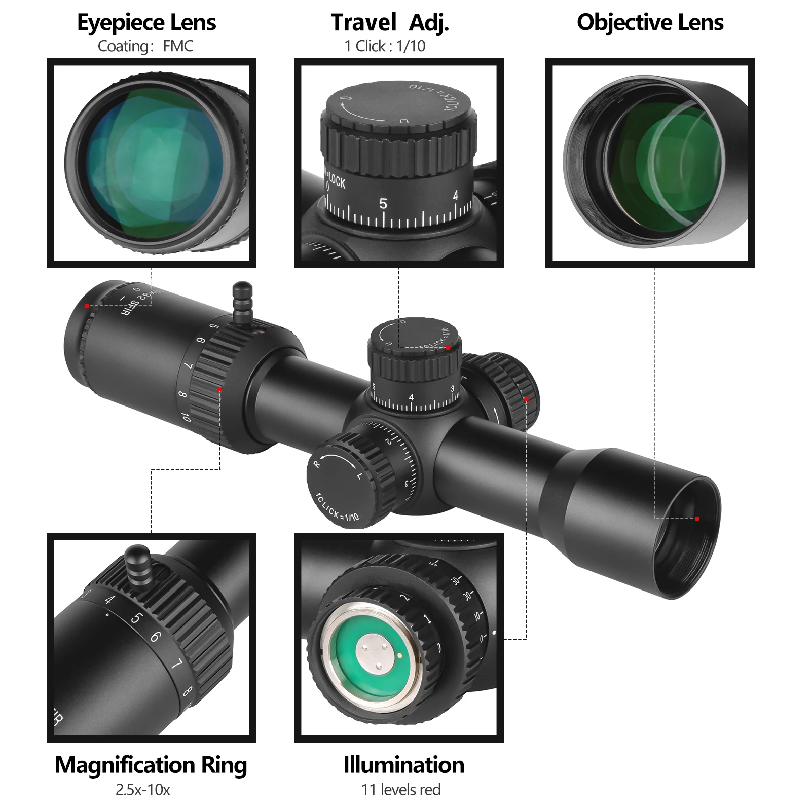 2 5-10x32 LPVO оптический прицел с боковым фокусом и подсветкой OEM ODM телескопический для охоты