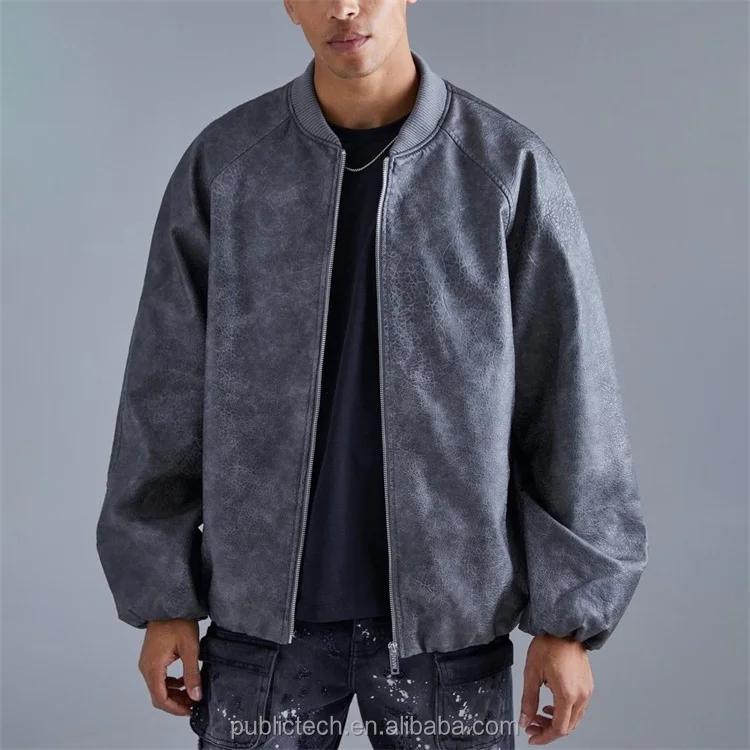 Custom Zip Up Streetwear Hombre Grey Oversized Vintage Cracked Pu Raglan Vintage Bomber Jacket For Men