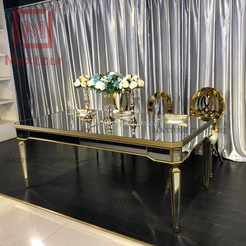 Dubai rectangle gold mirrored dining table luxury mirror dinning tables for wedding events