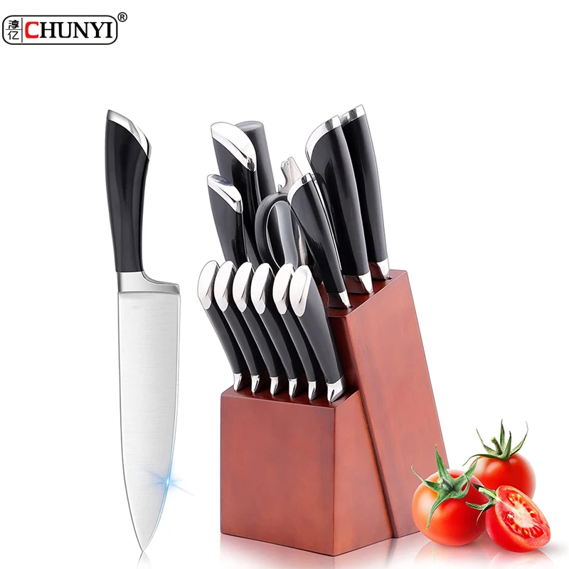 Hot selling customized High Quality 14 Pieces German Steel Chef Knife Kitchen Knife with  Wooden Block Universal