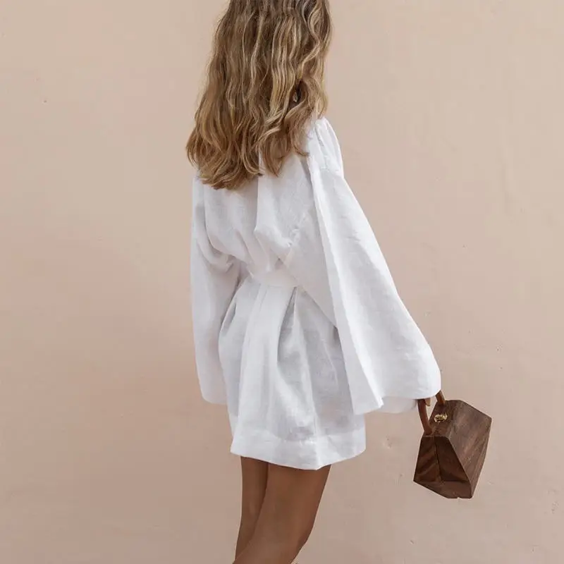 Women Long Blouses 2019 Spring Casual Bandage Cotton Linen Top Ladies Lace-up Loose Shirts Chic Solid White Oversize Blouses
