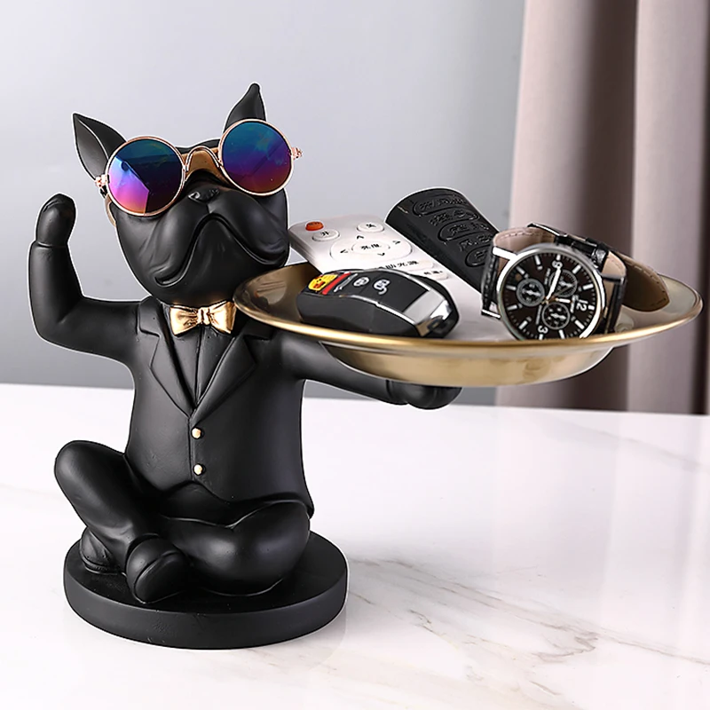 Cool Dog statue with tray French Bulldog Piggy bank Figurine Candy Fruit Plate Home Decoration Table Living Room Decor Money Box