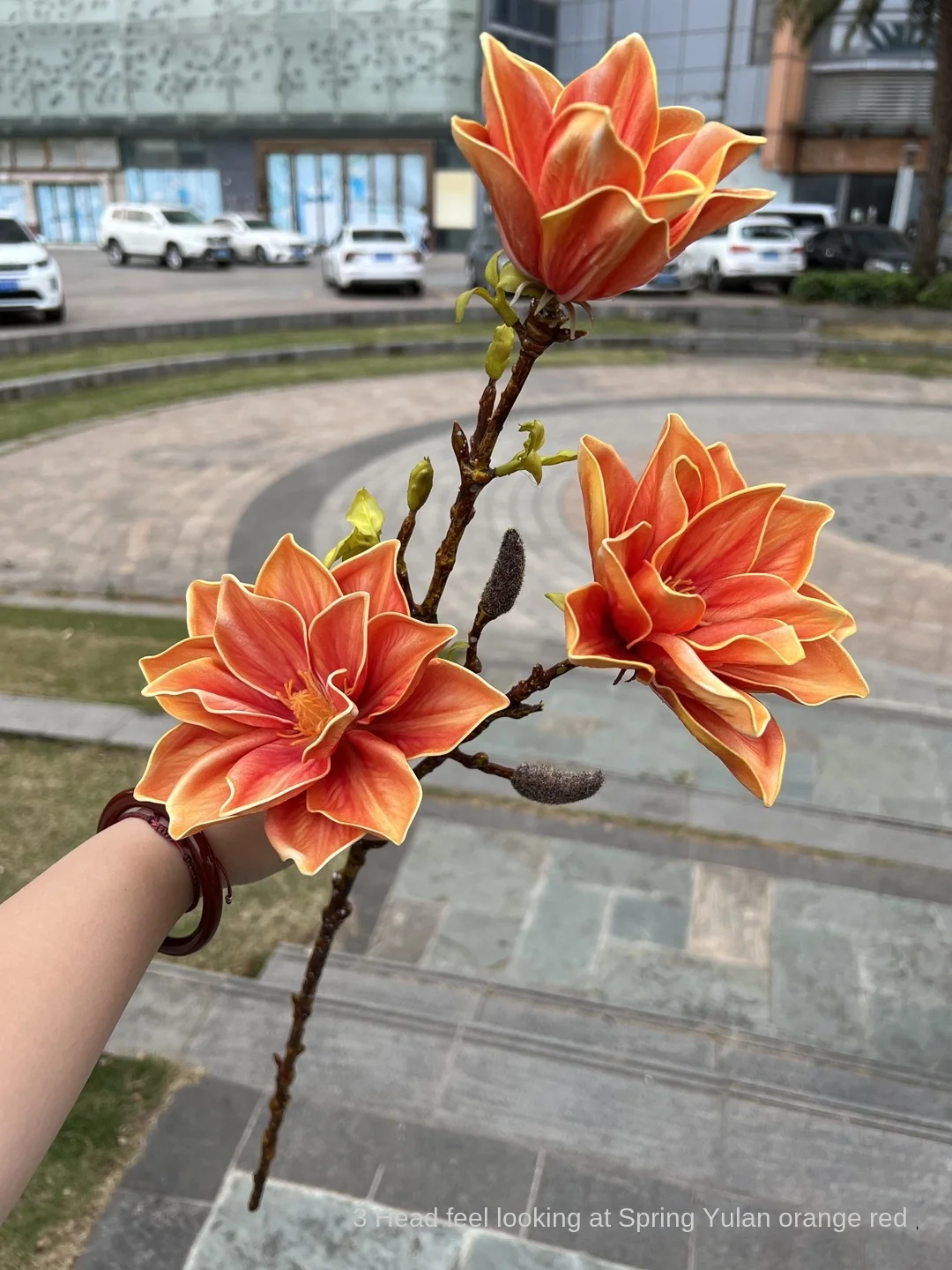 Wholesale Orange 3D Simulation Magnolia 3-Head Soft Fake Wedding Flowers with Spring Tide Feel for Wall Decor
