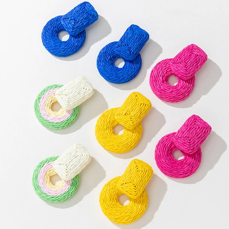 Boho Geometric Raffia Rattan Earring Handmade Raffia Straw Wrapped Flower Drop Dangle Earrings For Woman Fashion Jewelry