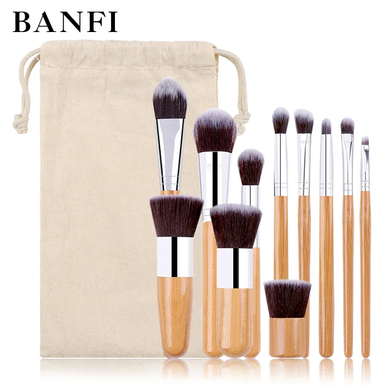  Banfi 11 шт Brochas De Maquillaje Bambu Кабуки кисти Китайский Логотип Натуральная бамбуковая ручка набор кистей для
