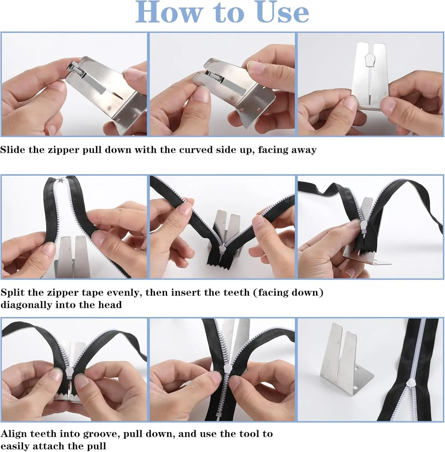 Universal Zipper Jig Tool, Stainless Steel 1.6*2.6' Zipper Puller Helper for Sewing, Zipper Slider Zipper Repair Fixer,TLX0295