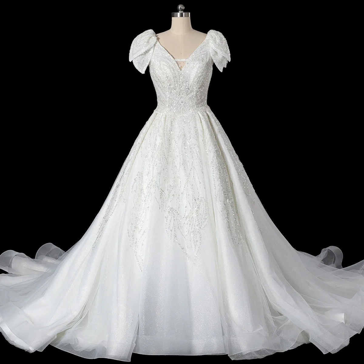 XINEN   New classic and elegant v-neck tie-up pearl sequin slimming tail bridal wedding dress