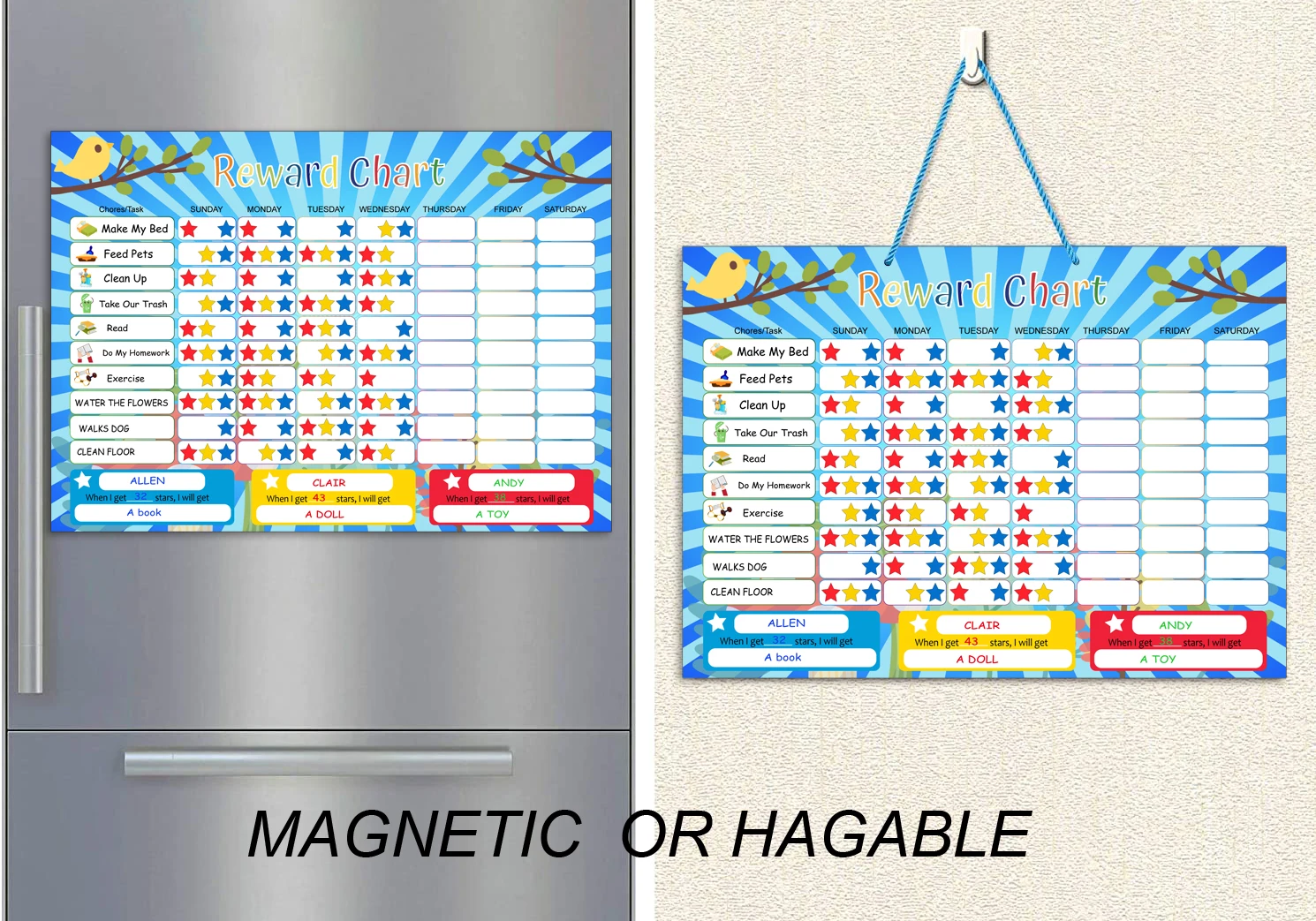 Reward Chart for Multiple Kids 17 x 12 Inch Dry Erasable Chore Chart | Magnetic Responsibility Chart, Chore Chart, Behavior Char