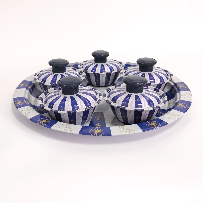 Indian Design flower painted round shaped stainless steel serving tray with cups