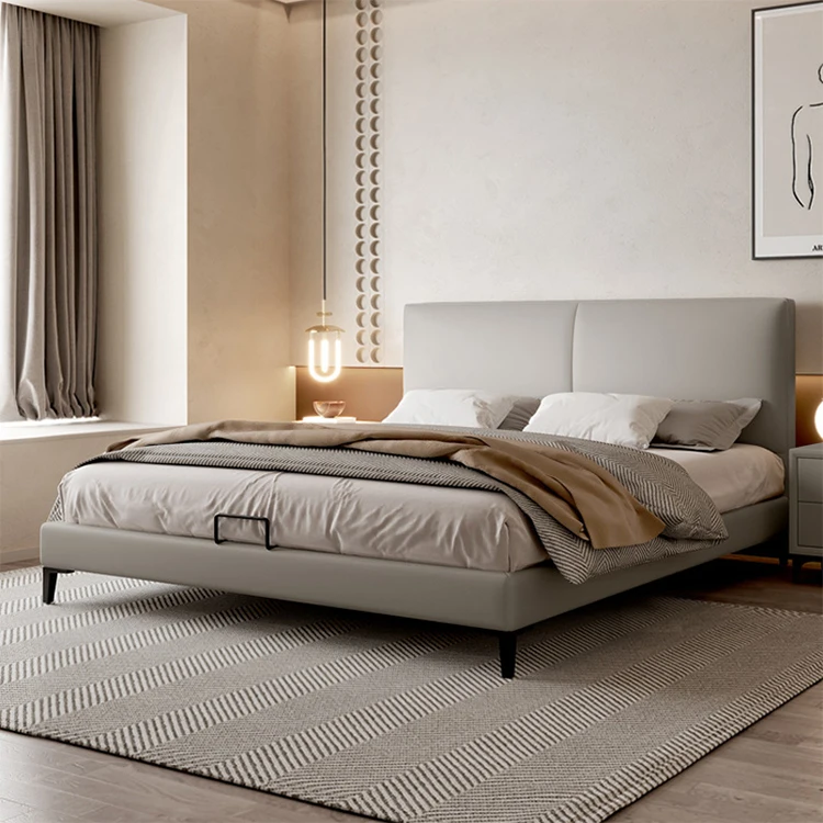 Luxury Bedroom Furniture Modern Upholstered Genuine Leather Italian Bed With Extended Headboard King Size White Leather Bed