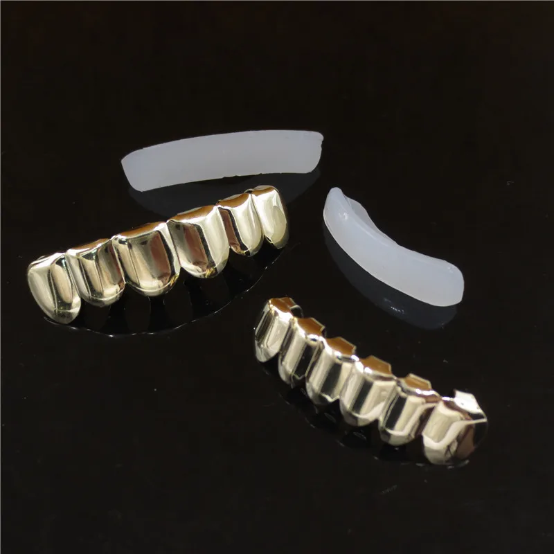 Hot Sale Hip hop Gold Plated Copper Grillz Plain 6 Teeth Top & Bottom Grills Set Body Jewelry Wholesale