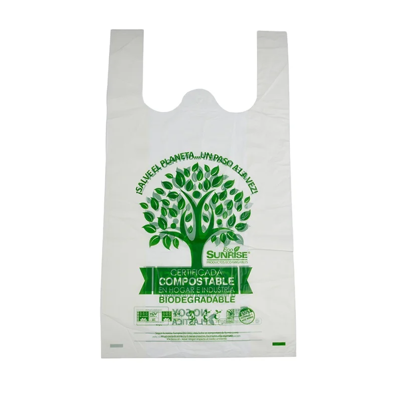 BSCI certified factory white biodegradable vest bags on roll with logo cornstarch t-shirt bags compostable