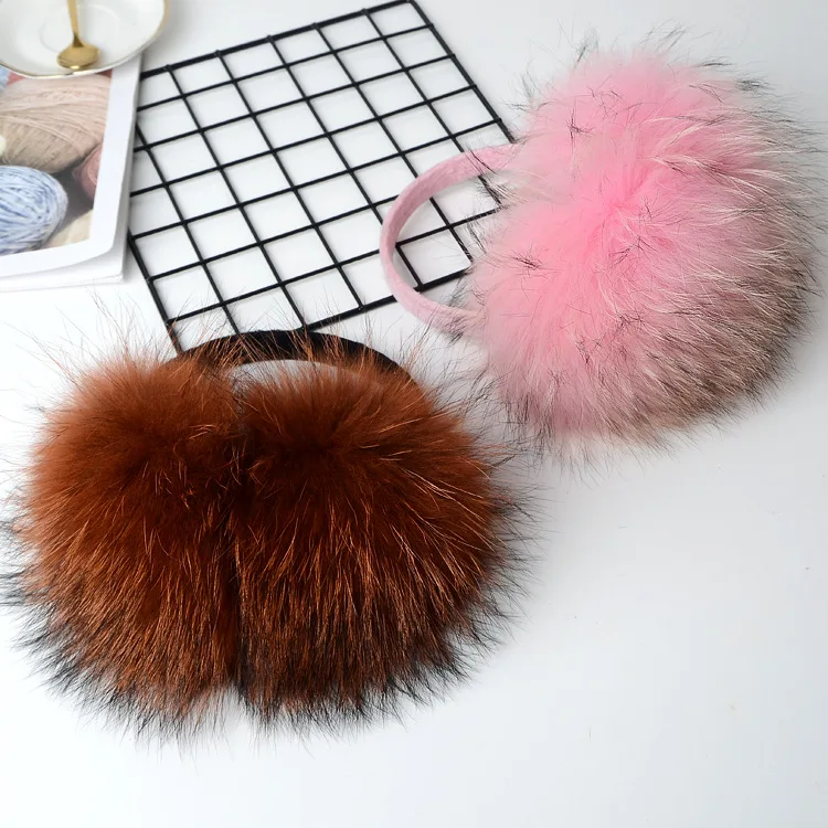 
High Quality winter warm Soft fluffy plush earmuff raccoon fur earmuffs with custom colour Raccoo n dog hair earmuff winter 