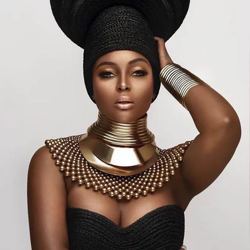 
African Gold Plated Statement Jewelry Set Trendy Bib Geometric Beaded Necklaces Leather Choker Cuff Bracelets sets Jewelry 