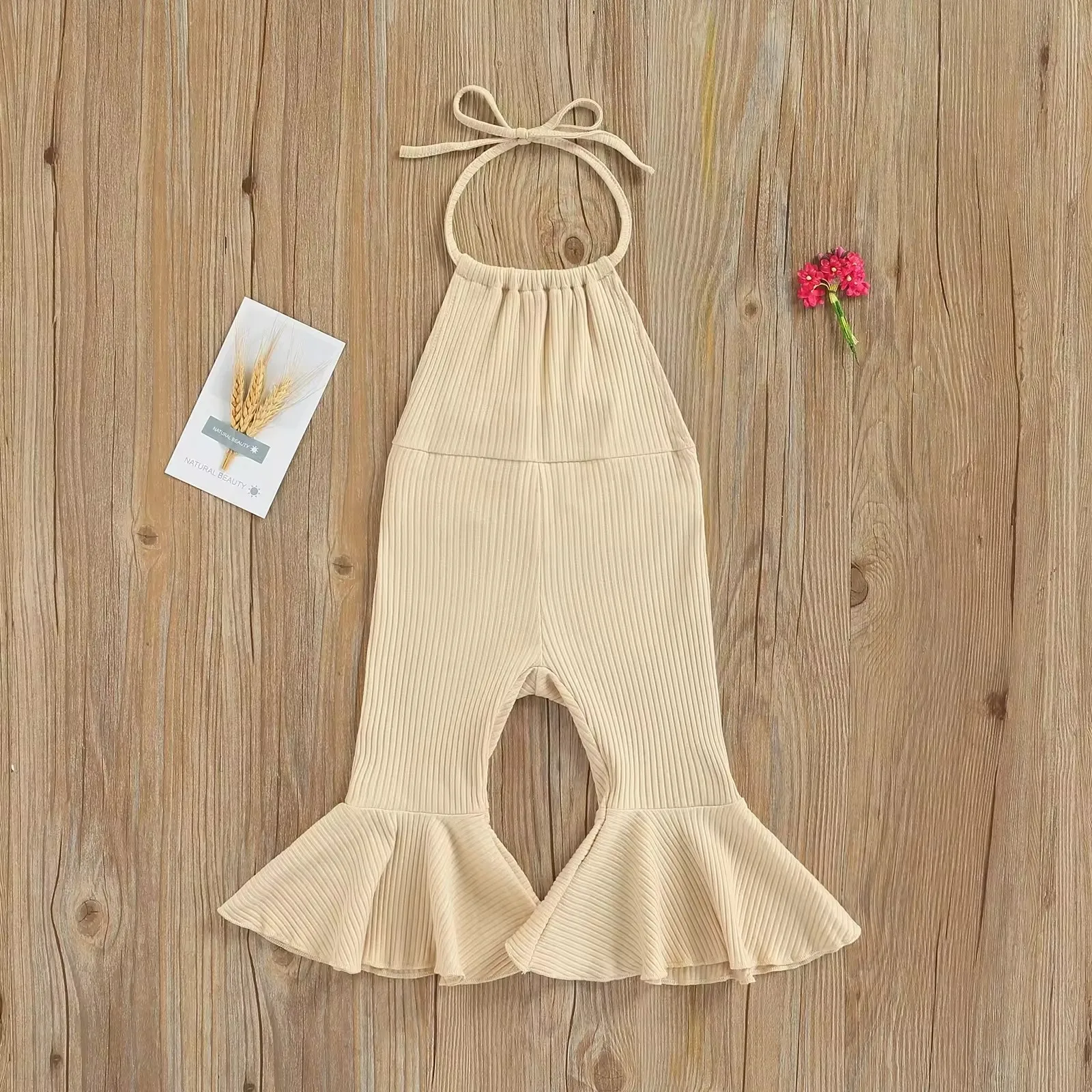 Summer Lovely Baby Girls Jumpsuits Pants Solid Ribbed Halter Jumpsuit Trousers for Toddler Girls Backless Flare Pants