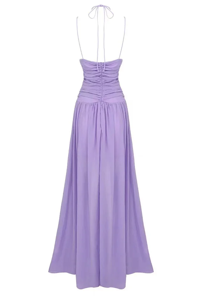 2024 New arrivals women purple spaghetti strap hollow out long chiffon purple maxi dress holiday party outfits 2024