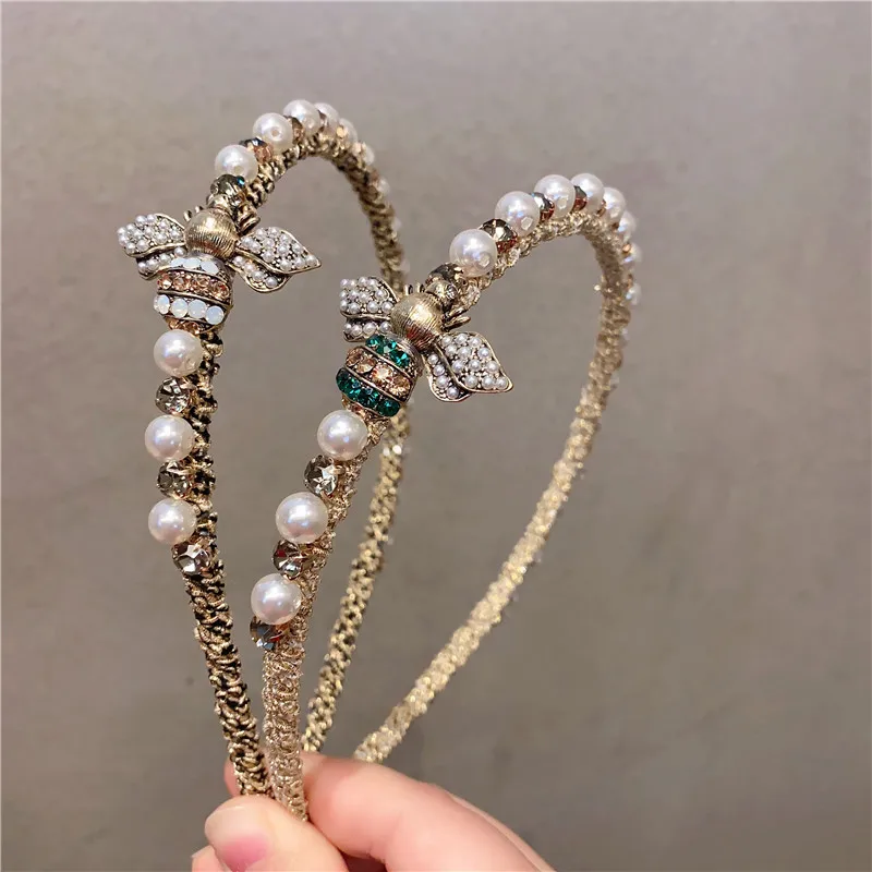 2021 new pearl fine metal leaf flower headband ladies fashion rhinestone hair accessories bee headband wholesale