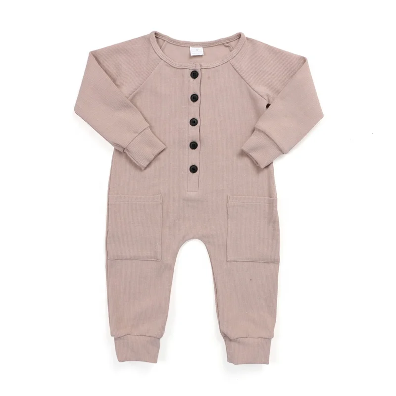 Newborn baby clothes kids clothing buttons front cuff long sleeve with pockets pink organic cotton ribbed baby romper