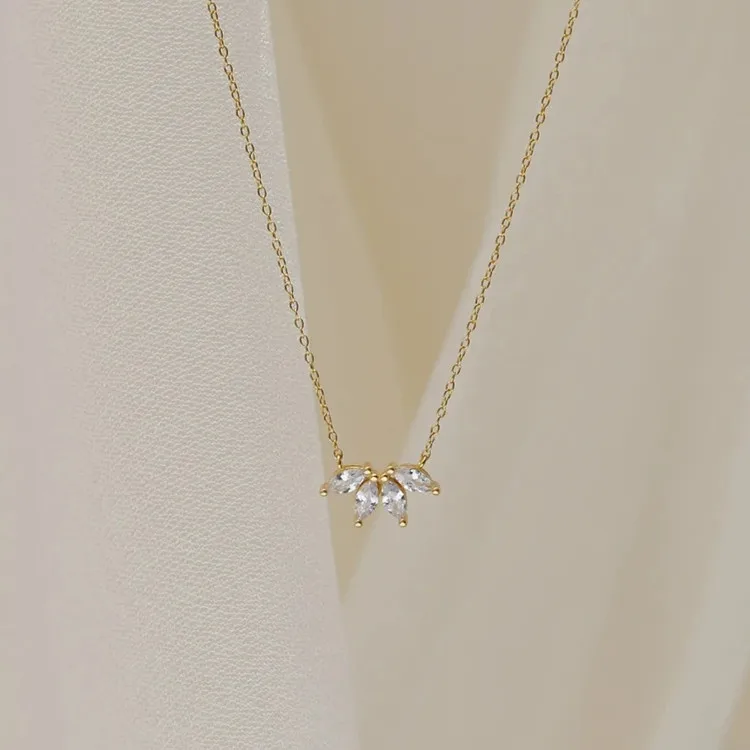 dainty real gold plated bridesmaid jewelry 925 sterling silver marquise diamond flower leaf necklace for girls