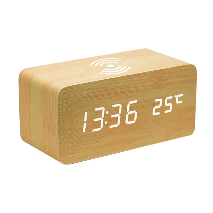 EMAF hot-sale Mobile phone Qi wireless charging wooden alarm clock with temperature date display