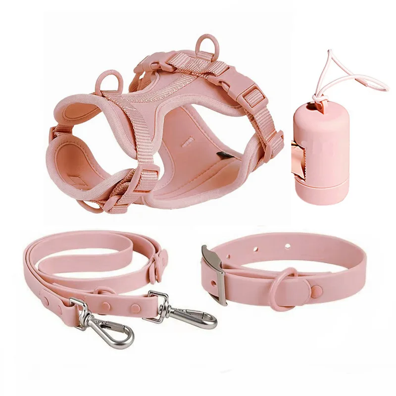 Ready to Ship Luxury Waterproof PVC Pet Collar Leash Set Adjustable Harness Pure color Pet Accessories