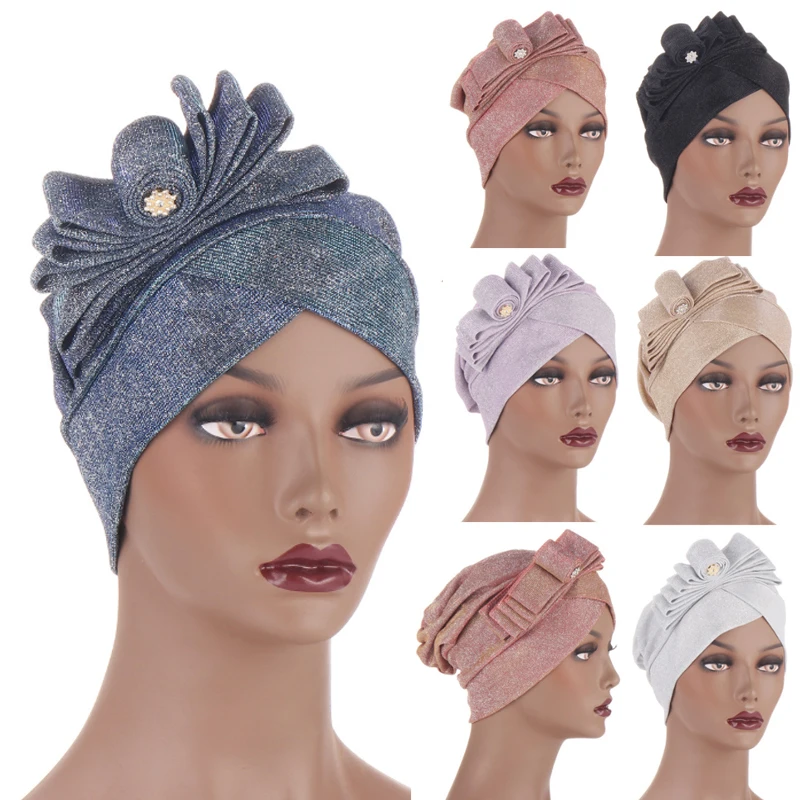 New Style Hijabs   Curled Flower Belt Accessories Multi-color Bright Silk Cloth Turban Hat Muslim Hijabs  Baotou Hat Hijabs